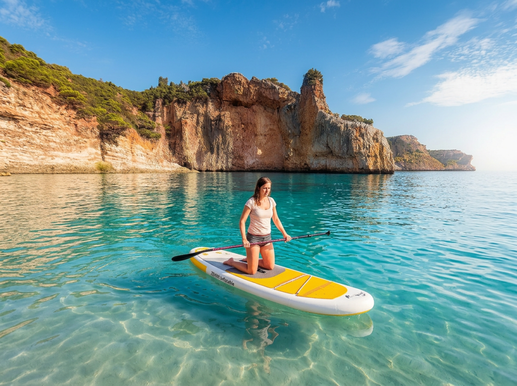beginner kneeling on a wide inflatable sup board in shallow calm water beginner kneeling on a wide inflatable sup board in shallow calm water