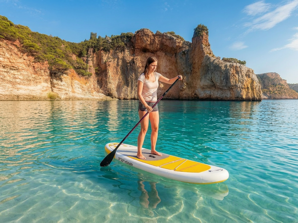 close up of a person standing on a paddleboard with correct athletic stance close up of a person standing on a paddleboard with correct athletic stance