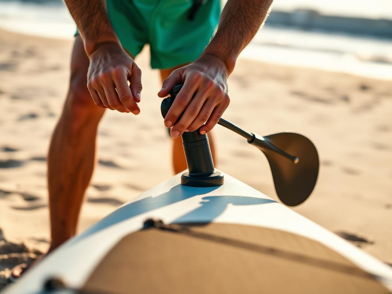 Hands gripping a manual SUP pump on a sandy beach