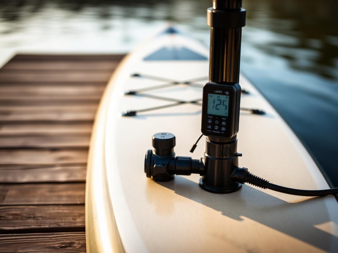 Electric SUP pump with digital display attached to a paddleboard