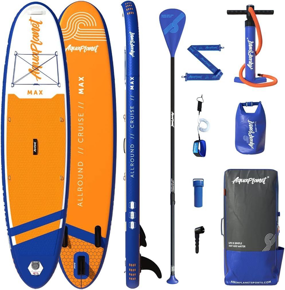Aquaplanet Max inflatable stand up paddle board set with fin, paddle, pump, backpack and dry bag