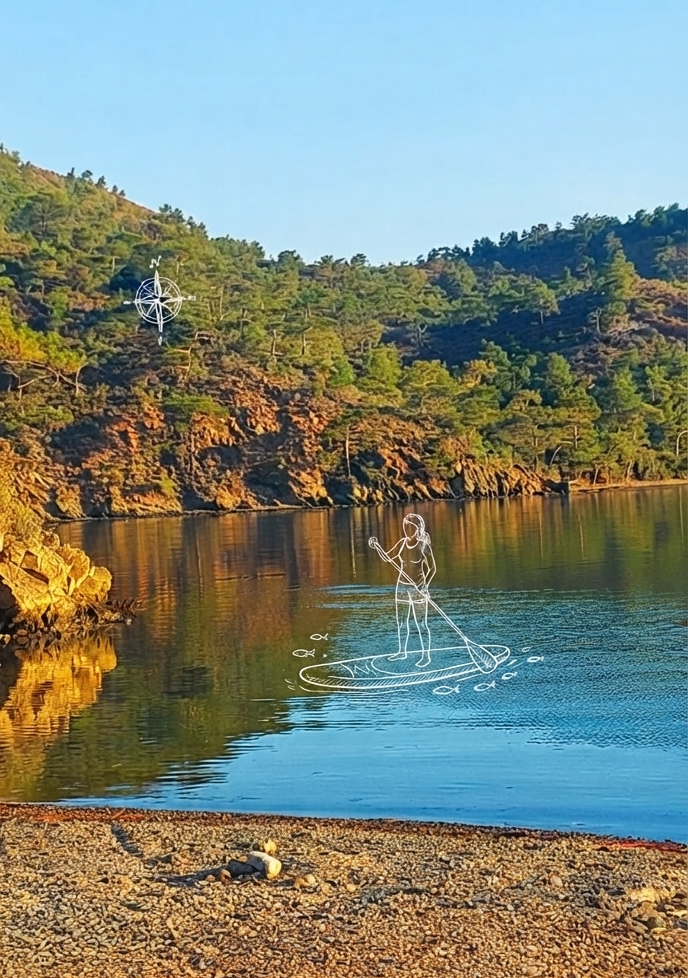 Calm pebble-beach shoreline at Bencik Koyu with pine forest reflected in glassy water