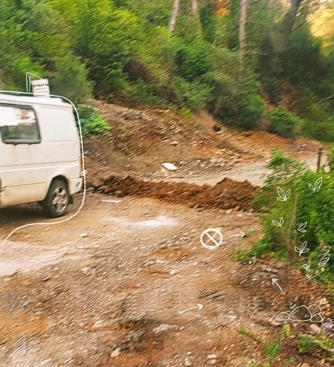 Blocked dirt access road down to Bencik Koyu with a vehicle unable to pass