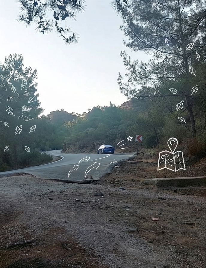 Forest road turn-off toward Bencik Koyu with a car parked at the roadside
