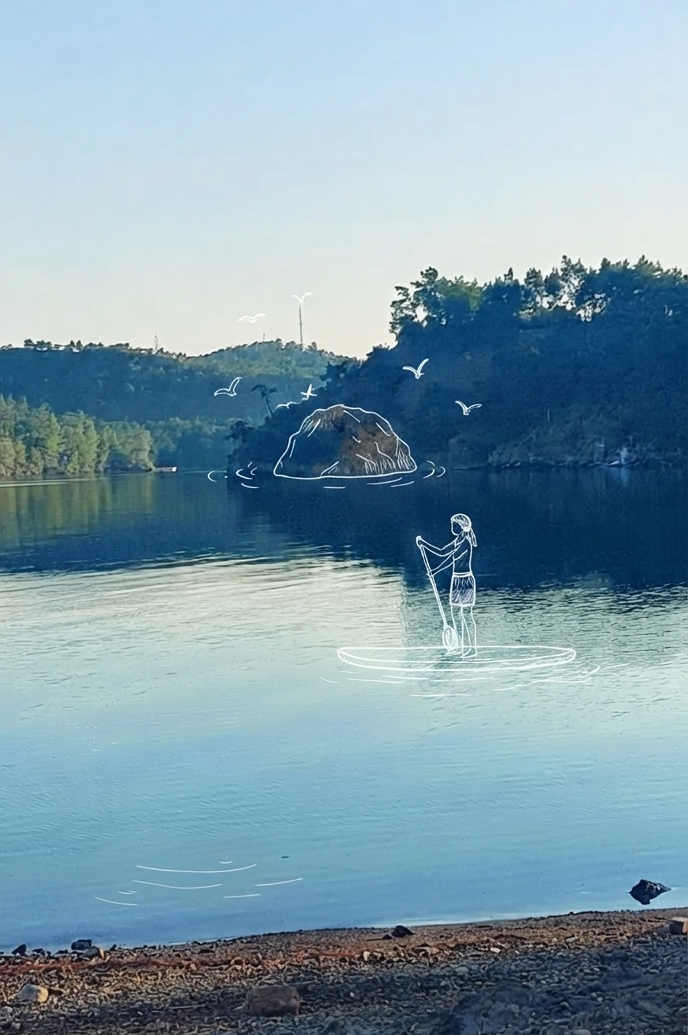 Rocky islet in the mirror-flat water of Bencik Koyu framed by forested slopes