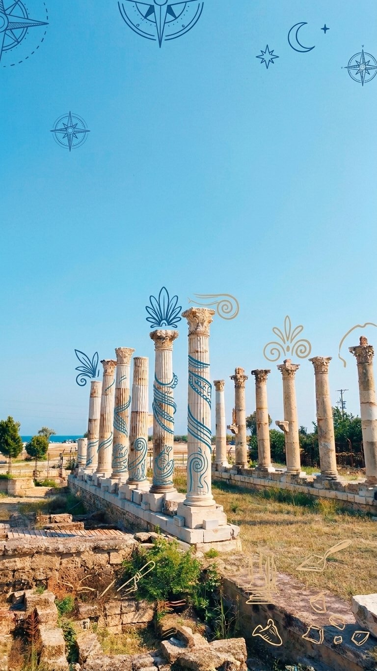 Paddleboarding at Soli Pompeiopolis Standing Roman columns of the colonnaded street at Soli Pompeiopolis ancient city in Mezitli, Mersin