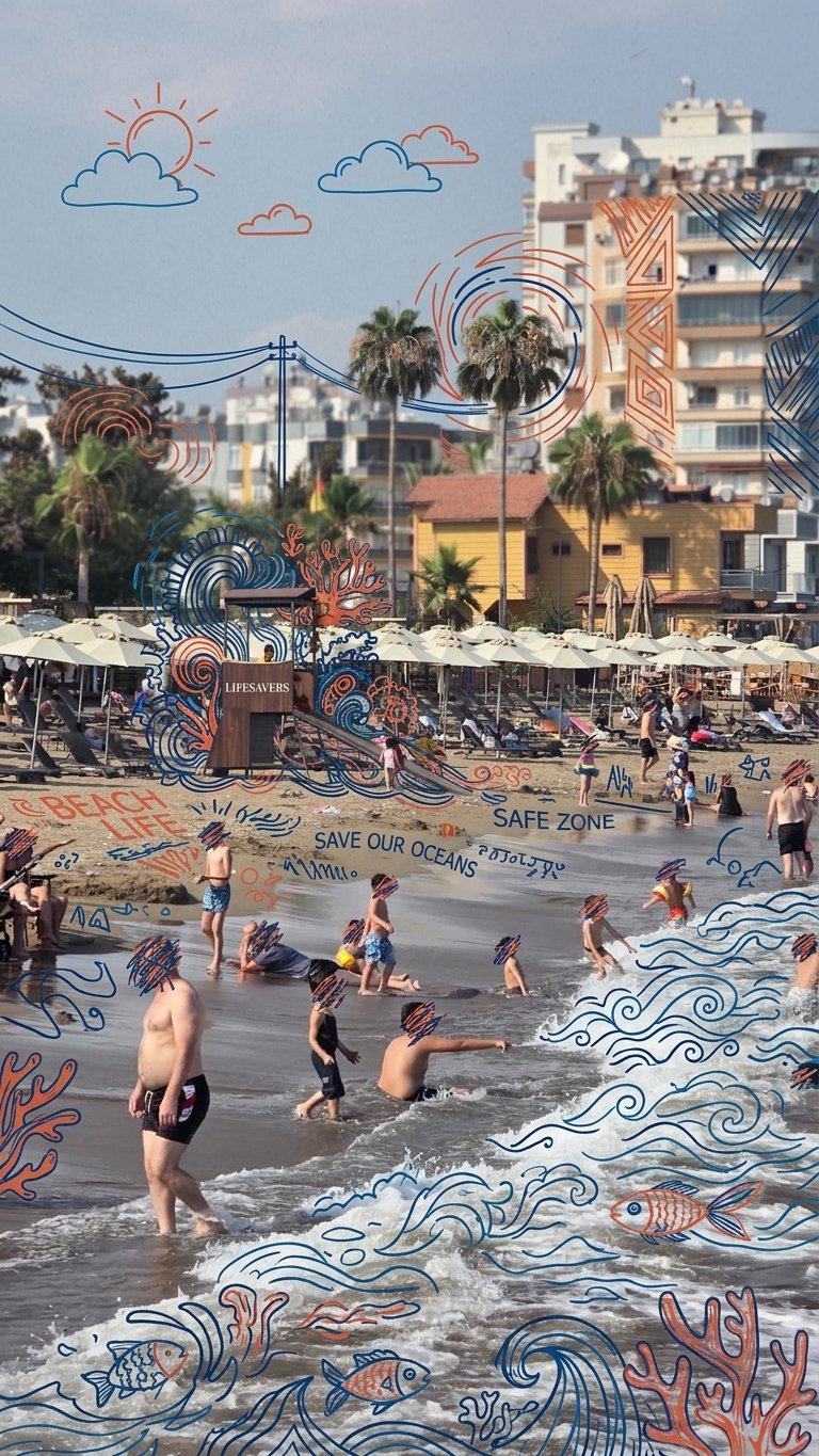 Paddleboarding at Soli Pompeiopolis Busy Mezitli beach with lifeguard tower, umbrellas and swimmers on the Mersin coast