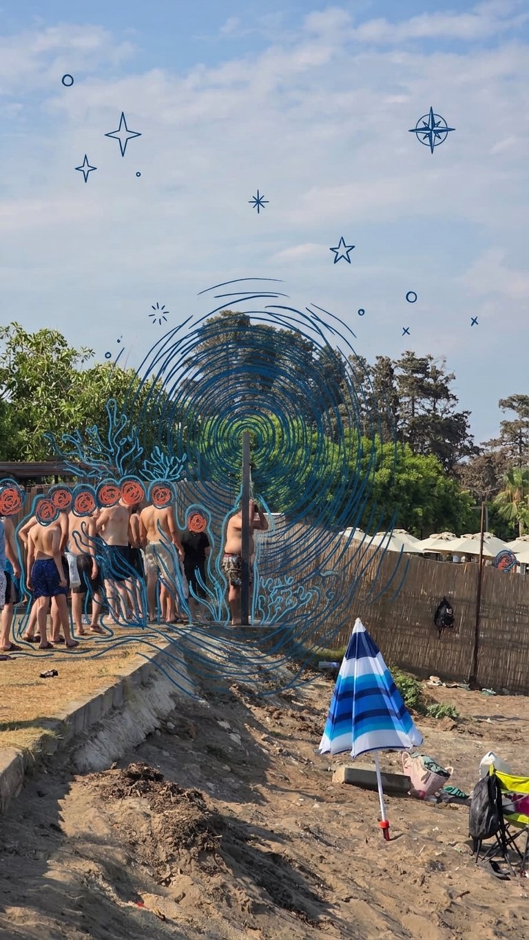 Paddleboarding at Soli Pompeiopolis Beachgoers by the freshwater shower area at the free public beach in Mezitli