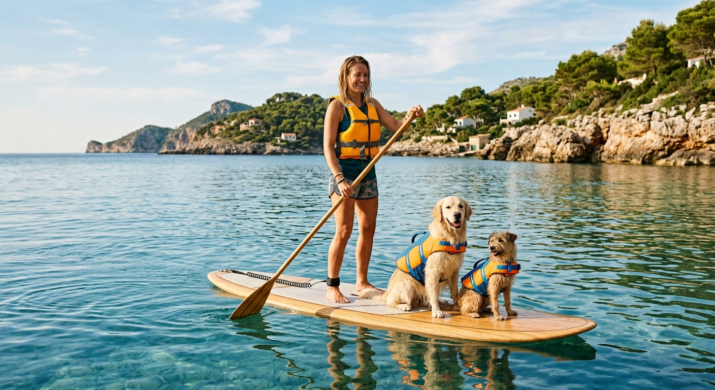 SUP with Your Dog: Complete Guide Woman stand up paddleboarding on calm water with two dogs sitting at the front of her board