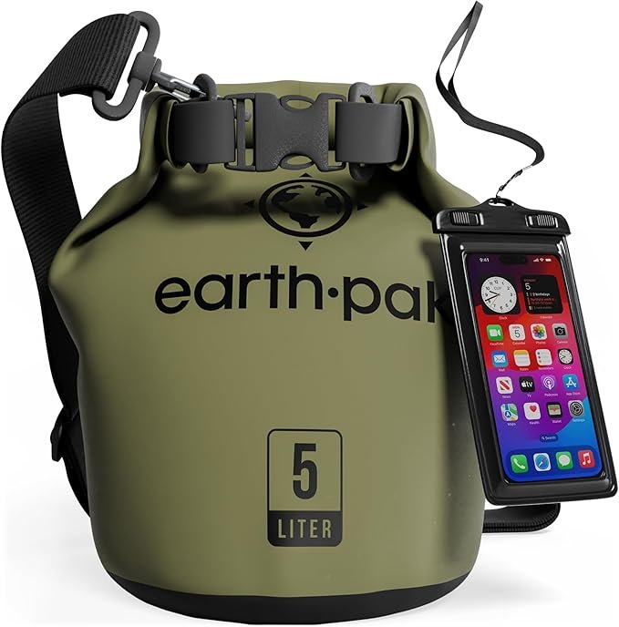 What to Wear Paddleboarding Earth Pak roll-top dry bag with waterproof phone case