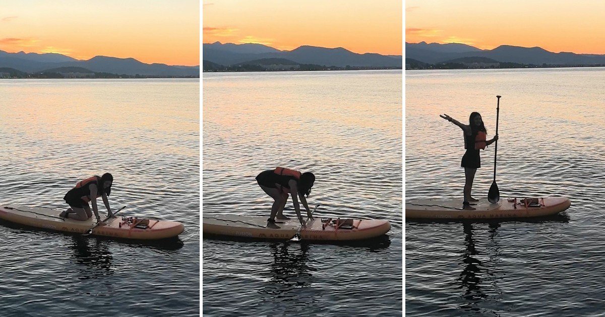 Three frames of a paddler going from kneeling to standing on an inflatable paddleboard at sunset