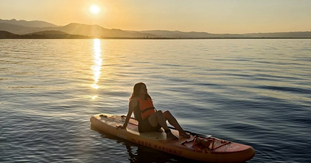 Deniz sitting on her paddleboard at sunrise on flat water