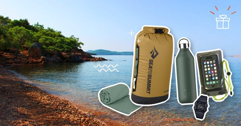 Paddleboarding gift ideas: dry bags, insulated bottle, phone case and watch, on a photo of Ortunç Beach